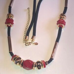 Chico’s Gold Tone & Red Beaded Boho Rope Necklace